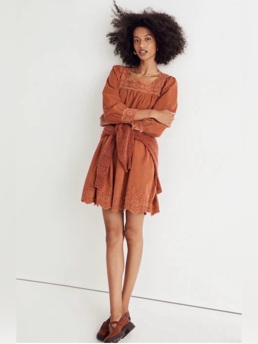 Madewell Embroidered Corduroy Square-Neck Mini Dress, Size 1X